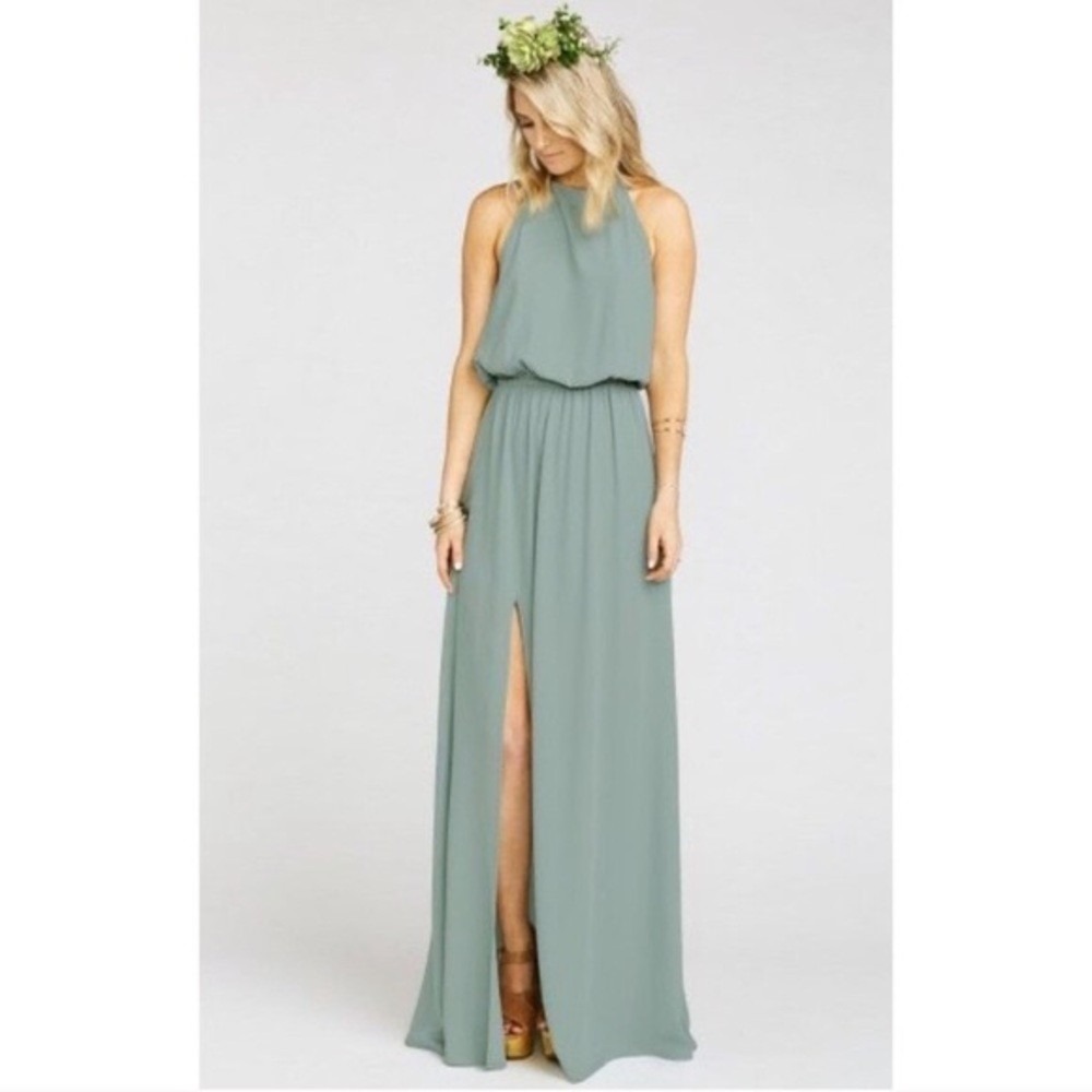 NWT Show Me Your Mumu Heather Halter Dress Size M Maxi Sage Green Bridesmaid